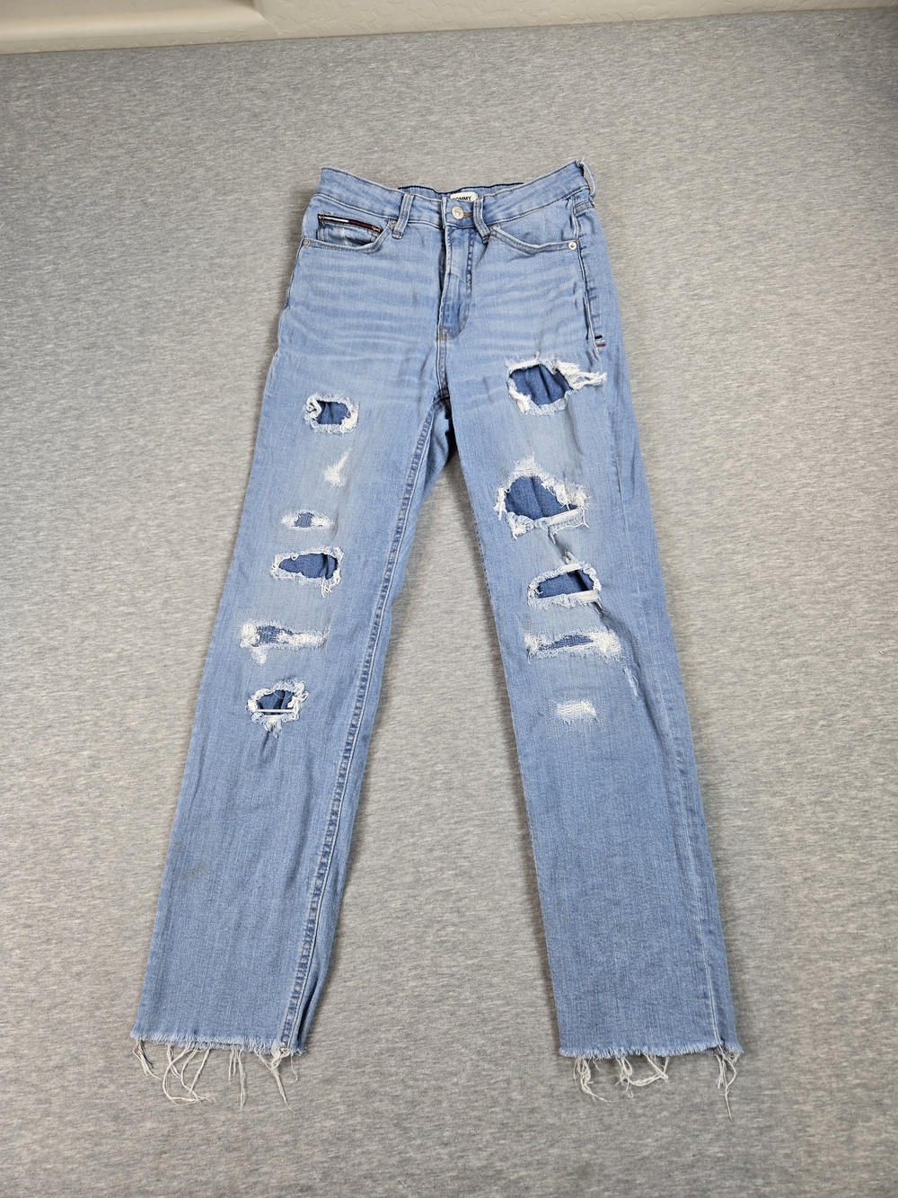 Tommy Jeans Womens Jeans 6 Blue Distressed Straight High Rise Ripped Denim Pants